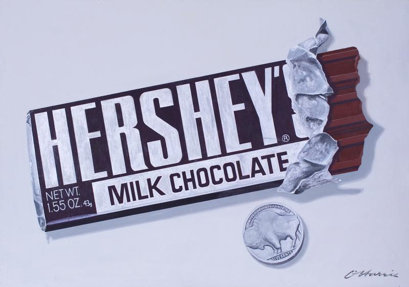 Oscar Harris (20 th Century) American: HERSHEY BAR AND NICKEL, acrylic painting on panel, signed lower right, 34 x 48”.