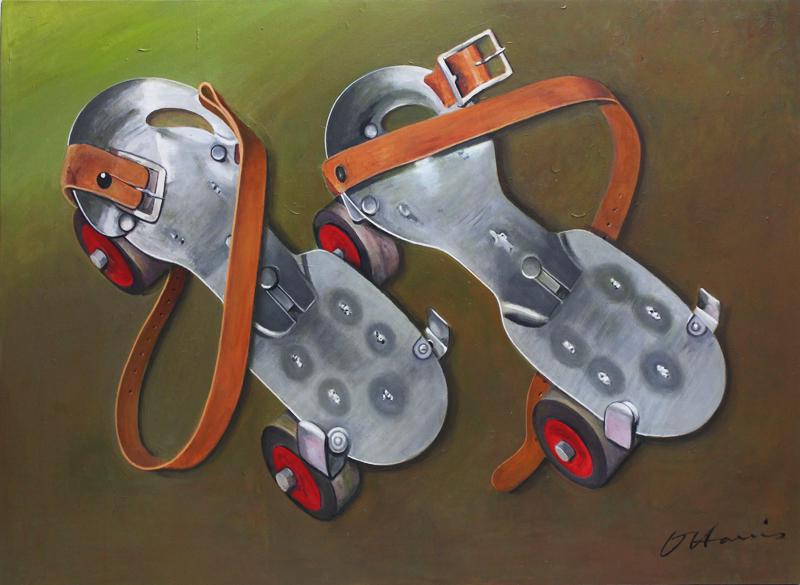 Oscar Harris (20 th Century) American: ROLLER SKATES, acrylic painting on panel, signed lower right, 34 x 48”.