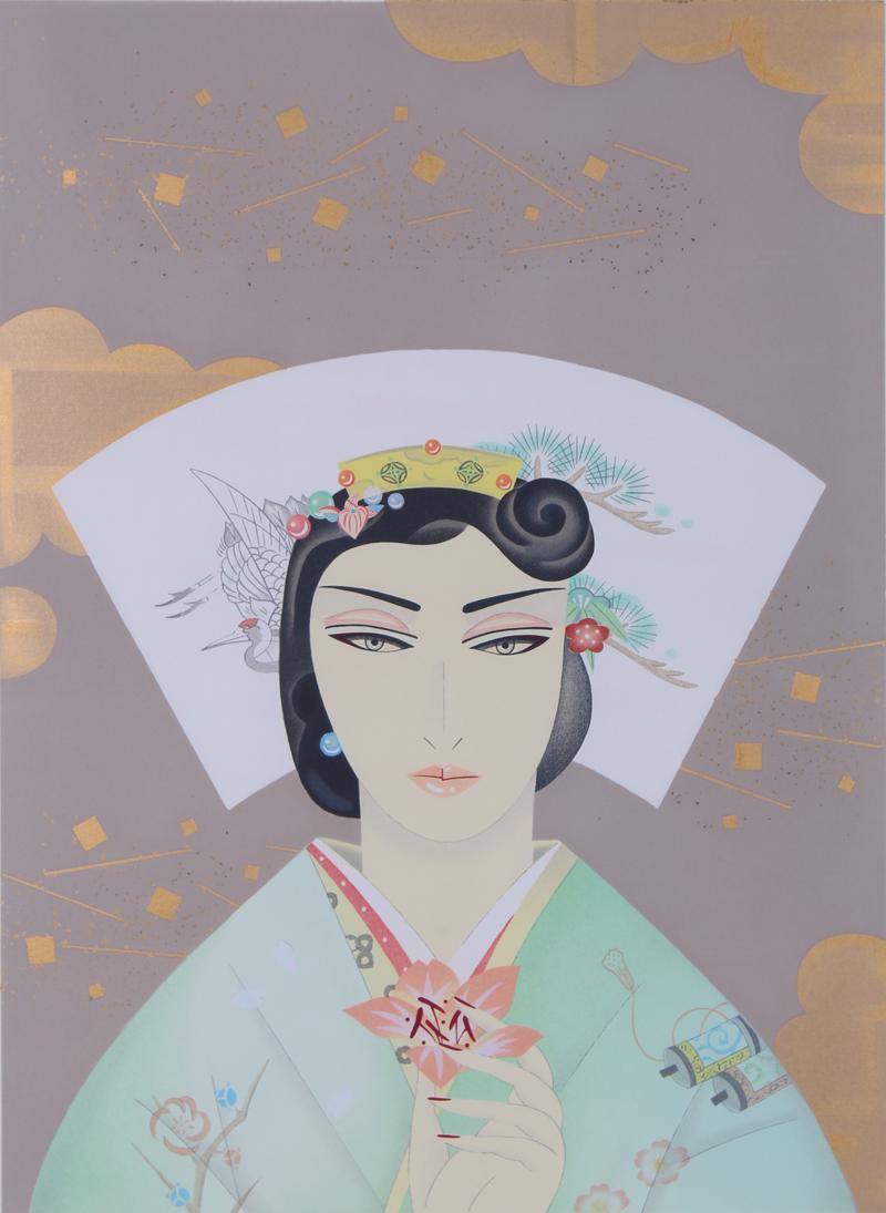 Yasuhiro Tanikawa (20th Century) Japan: AUSPICIOUS, color lithograph, signed and numbered 26/80 in pencil, image 17 ¾ x 13”, full margins, in finger jointed Japanese frame 27 ¼ x 22 ¼” with Plexiglas.