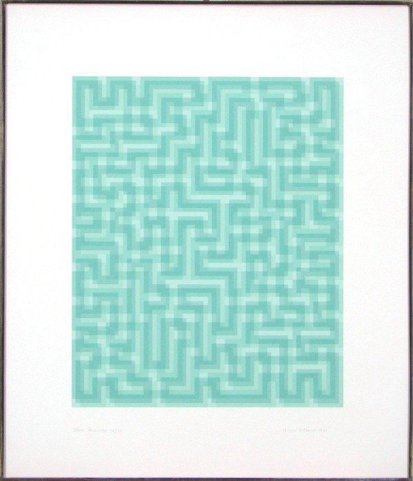 Anni Albers (1899-1992) German/ American: BLUE MEANDERING, 1970, color screenprint, signed in pencil, from the numbered edition 75, image 19 ½ x 16", full margins, framed with glass, very mild cockling, otherwise in good condition.