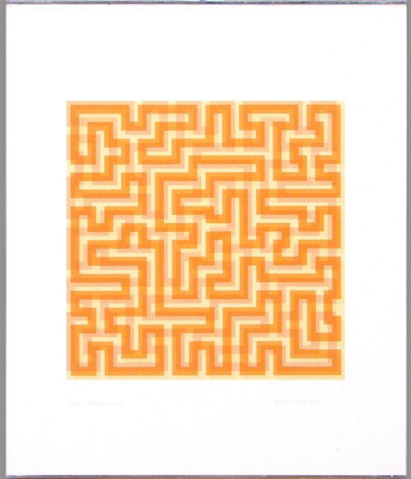 Anni Albers (1899-1992) German/ American: ORANGE MEANDERING, 1970, color screenprint, signed in pencil, from the numbered edition 75, image 16 ½ x 16 ½", full margins, framed with glass, very mild cockling, otherwise in good condition.