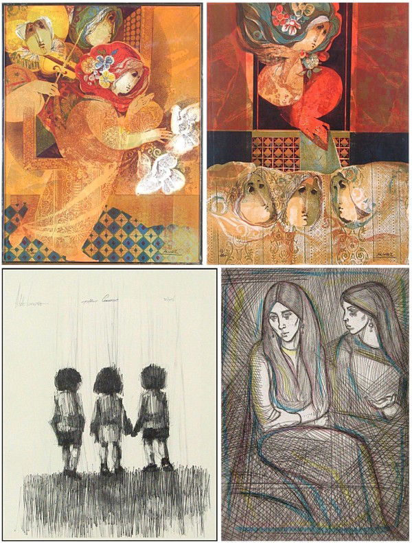 Sunol Alvar, Aldo Luong, Irving Amen & Elke Sommers,: Sunol Alvar, VIOLINIST AND WOMAN WITH DOVE; THE WOMAN AND THREE PERSONAGES, two color lithographs, each signed in pencil, from the numbered editions 260, sheets 21 x 27 ¼" & 27 ¼ x 21" & one framed,