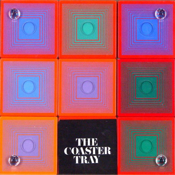 Richard Anuszkiewicz (b. 1930) American: COASTER TRAY, 1971, nine screen printed metal plates with cork bottoms, each 4 ½ x 4 ½", in specially made Plexiglas tray box, published by Art In American; Together with a 1971 Art In America magaz