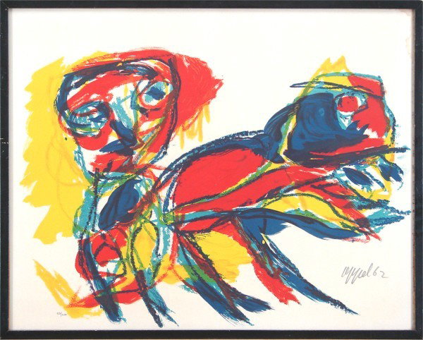 Karel Appel (1921-2006) Dutch: PERSONAGE AVEC ANIMAUS, 1962, color lithograph, signed in pencil, from the numbered edition 210, sheet 18 ¼ x 23", framed with glass, tide line stains at sheet edges, toning on recto and verso, other