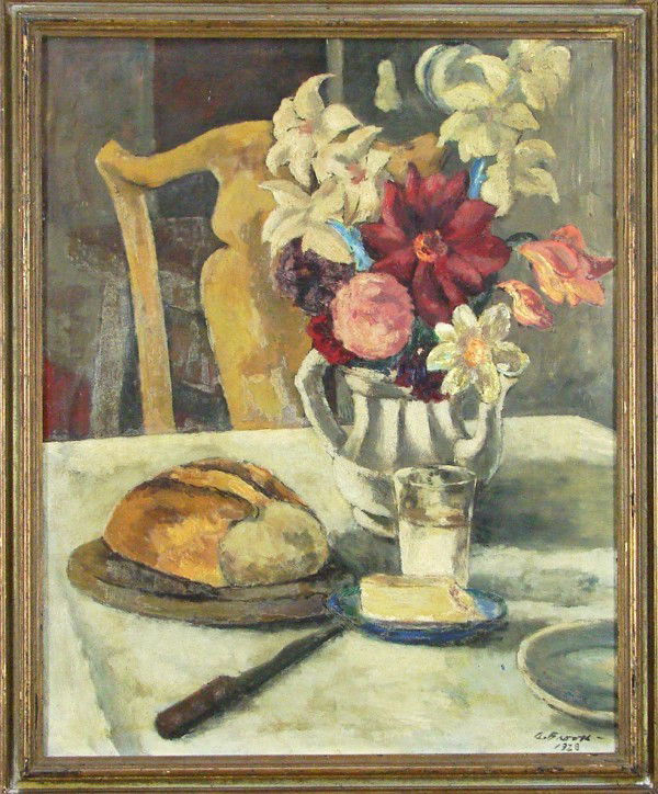 Alexander Brook (1898-1980) American: STILL LIFE, 1928, oil painting on canvas, signed and dated lower right, 30 x 24", framed, ingrained surface soiling, hazing and deterioration of lacquer, small hairline chips, otherwise in good condit
