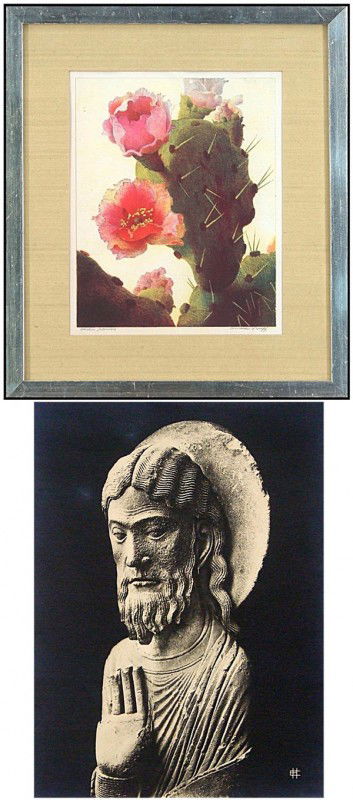 Conrad Buff (1886-1975) & Etienne Houvet (two): CACTUS FLOWER, color lithograph, signed in pencil, image 9 ¾ x 7 7/8", full margins, framed with glass, Ann Murphy Fine Prints label on back with M. Purkiss Collection stamp, minor smudging; Together