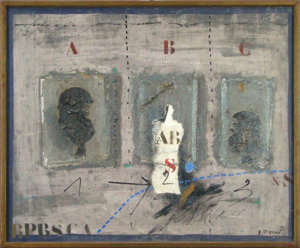 James Coignard (1925-2008) French: CAPTIF EN B, oil painting with sand and collage on canvas, signed lower right, 23 ¾ x 28 ½", gallery label remnant and stamped Fabrique De Chassis Encadre, 17 Ave. de Cannes, 06220 Vallauris on back