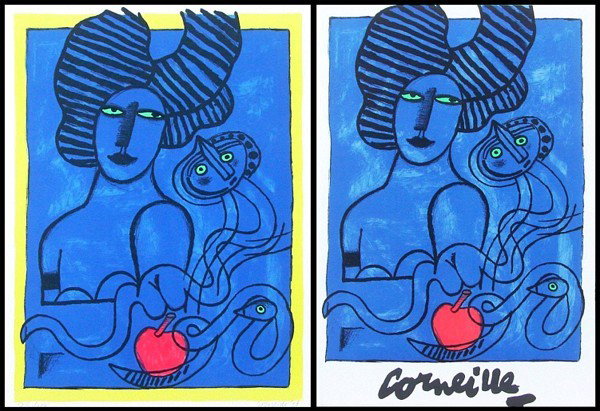 Corneille (1922-2010) Belgium (two): EVE, 1978, color lithograph, signed in pencil, from the numbered edition 150, sheet 30 x 22 ½"; CORNEILLE, color lithograph poster of Eve, 28 ½ x 19 ½". (2)