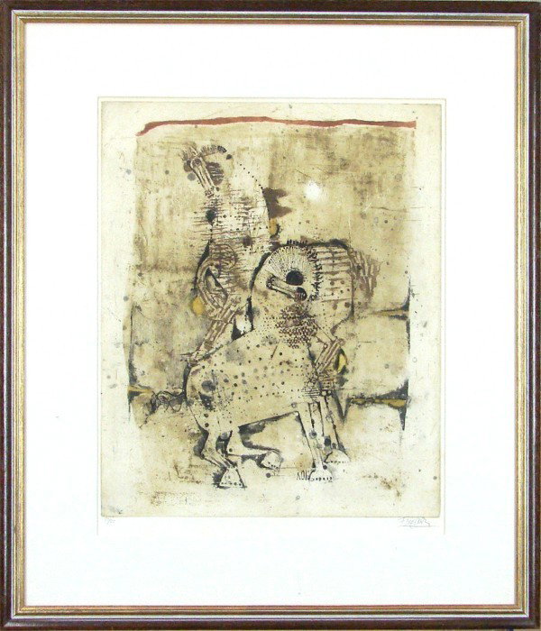 Johnny Friedlaender (1912-1992) German: UNTITLED, c.1955, color aquatint etching, signed in pencil, from the numbered edition 95, image 22 ¾ x 18 ¼", full margins, framed, mild toning, mainly in margins at mat, otherwise in good condition