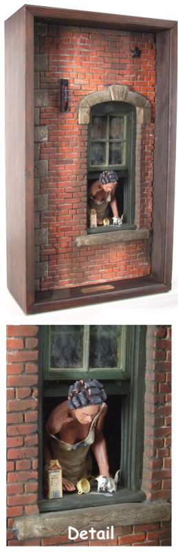 Michael Garman (b. 1938) American: SPILT MILK, 1977, mixed media 3-D box art, 18 x 12 x 4", signed & dated lower right, in wooden box frame, minor wear and chips on wood frame, otherwise in good condition.