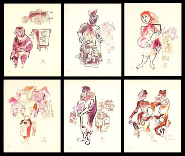 William Gropper (1897-1977) American: SHTETL Series, six color lithographs, each signed in pencil, from the numbered editions 120, sheets 14 x 11", printed at Bank Street Atelier Ltd., minor perimeter toning mainly at sheet edge, hinge re