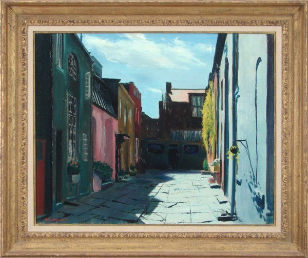 Peter Hayward (1905-1993) American: STREET SCENE, oil painting on canvas, signed lower left, 24 x 30", framed, minor surface soiling, mild craqueleur, faint scuffs, otherwise in good condition.