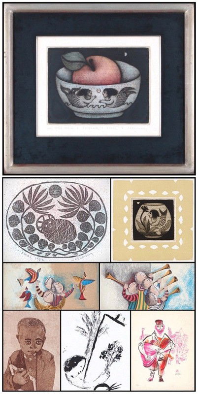 Carol Jablonsky, Gabriela Rodo Boulanger, John Sch: Carol Jablonsky, PUFF ROCK'S PEACH, color etching, signed in pencil and inscribed 'For Steve Stein', image 9 x 11 ¾", full margins, toning and scattered foxing; 1982 Christmas card, color lithograph,