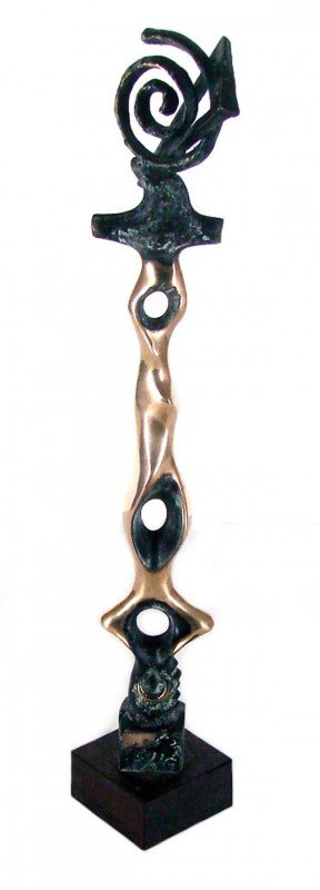 Grediaga Kieff (b.1936) Spanish: TOTEM WITH TRIANGLE, cast bronze sculpture, signed, 22 ¾" tall, mounted to 1 ¾" tall wood base.
