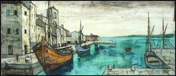 Charles Levier (1920-2004) French: PORT EN BESSIN II, oil painting on canvas, signed lower right, 22 x 50", edges trimmed and relined, surface soiling and edge wear, otherwise in good condition.
