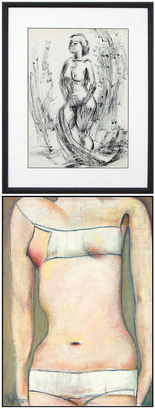 Dan Lutz (1906-1978) & Tehrani (two): STANDING NUDE WOMAN, ink drawing on paper, signed lower left, 22 x 16", framed with glass, a few discoloration speckles; Together with Tehrani, STANDING WOMAN, oil painting on canvas, signed lower rig