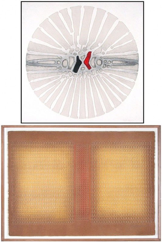 Paul Maxwell (b. 1925) American (two): UNTITLED, acrylic and mixed media painting on canvas stretched over Masonite, signed lower right, 48 ¼ x 48", surface soiling, otherwise in good condition; COMPOSITION #65, pigmented cast paper, sign