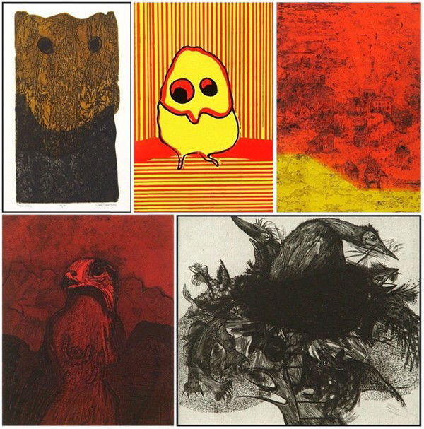 Print Collection: Joy Jerviss, Adrienne Cullom, Fr: Joy Jerviss, TREE OWL; WISE GUY; VILLAGE; GIANT STAIS; FALCON, five color etchings, each signed in pencil, from the editions 50 & 100, images 8 ¼ x 5 ½" to 15 ½ x 10 ¾"; Together with Adrienne Cul