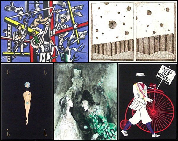 Print Collection: Fernand Leger, Jean-Michel Folon: Fernand Leger, WORKERS, color litho print, initialed in the design, sheet 12 x 17 ¾"; Together with Jean-Michel Folon, BUBBLES, etching, plate 9 ½ x 13 ½", full margins; Together with Erte, I, colo