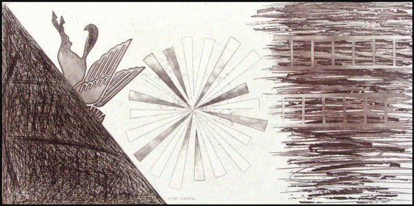 James Rosenquist (b. 1933) American: STAR LADDER (G. 136-A), 2nd state, 1978, aquatint etching, signed in pencil, from the numbered edition 78, image 17 ½ x 35 ½", full margin, printed by Aripeka Ltd., crease lower left and lower right