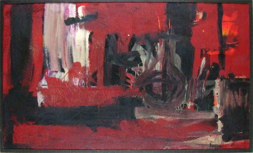 Piero Ruggeri (1930-2009) Italian: UNTITLED RED, oil painting on canvas, signed lower right, 31 ½ x 53", framed, small circular loss upper center and upper right, two surface loss streaks upper center, surface soiling, overall craquel