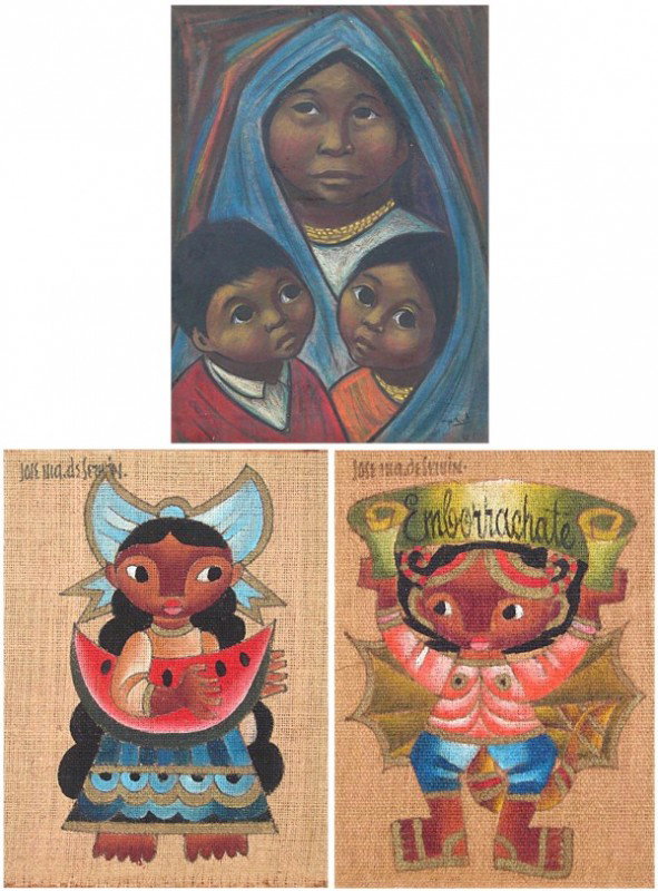Jose Maria De Servin (1917-1983) (2) & Nieto (thre: Jose Maria De Servin, NINO; NINA, two oil paintings on burlap mounted to wood, each signed, both 24 x 17 ¾", Together with Nieto, MOTHER & CHILDREN, oil stick and pastel on paper, signed lower right,