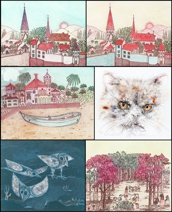 Guillermo Silva, Maria Silva, Newell & Sharma (six: Guillermo Silva, 1971, DANZA AND BOSQUE, color etching, signed in pencil, from a limited edition, image 6 ½ x 7 ¾"; Together with Maria Silva, BARQUITO PORTUGUES; CHATEAU D'OEUX #11 & #17 (2), 1969,