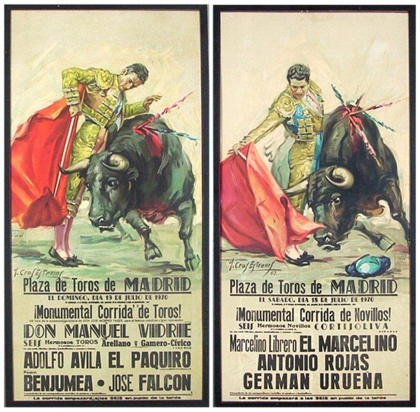 Spanish bull-fighting Posters (two): PLAZA DE TOROS DE MADRID, 1970, two color posters, each 40 x 20", framed, overall toning and discoloration, speckling, mottling, otherwise in good condition. (2)