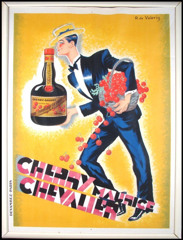 Roger De Valerio (1886-1951) French: CHERRY MAURICE CHEVALIER, color lithograph poster, signed on stone upper left, image 59 x 43", full margins, published by Devambez, Paris, linen-back, discardable frame, a few minor discoloration spot