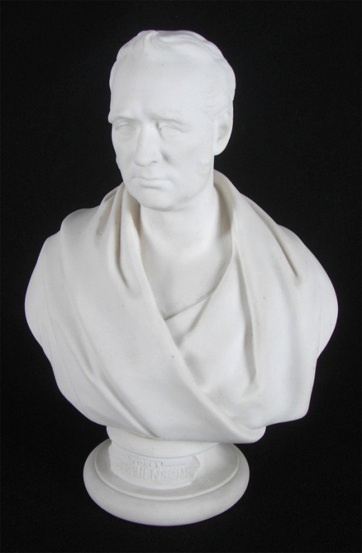 Edward William Wyon (1811-1885) British: GEORGE STEVENSON, Parian bisque porcelain bust, with stamps or inscriptions on backside, 11" tall, surface soiling, otherwise in good condition.