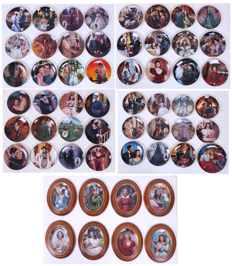 Gone With the Wind (sixty-three): A collection of fifty-six ceramic plates including eight oval shaped plates with wood display frames 11 ¼ x 9 ¼” each and forty-eight round plates mainly 8 ¼” diameter