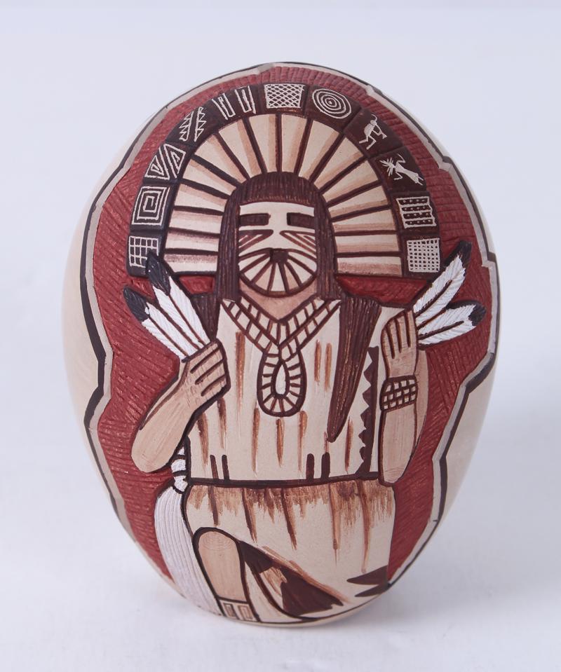 Lawrence Namoki (1949-2020) Hopi Pueblo: PALIK MANA, painted and glazed incised pottery, signed underneath, 4” tall, 3” diameter.
