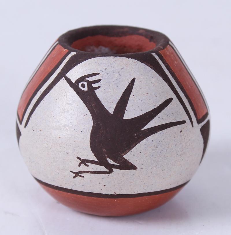 Eusebia Shije (b. 1936) Zia Pueblo: Road runner pot, painted and glazed ceramic, initialed underneath, 1 ½” tall, 1 ¾” diameter.