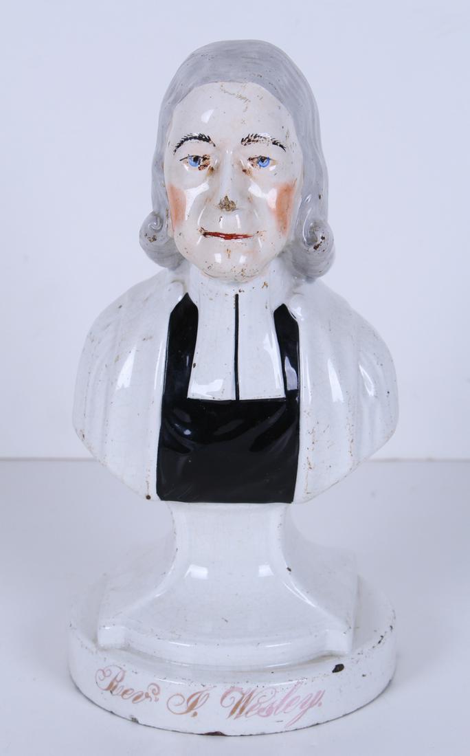 Staffordshire Porcelain: REVEREND JOHN WESLEY, painted porcelain bust, 10 ¼” tall.