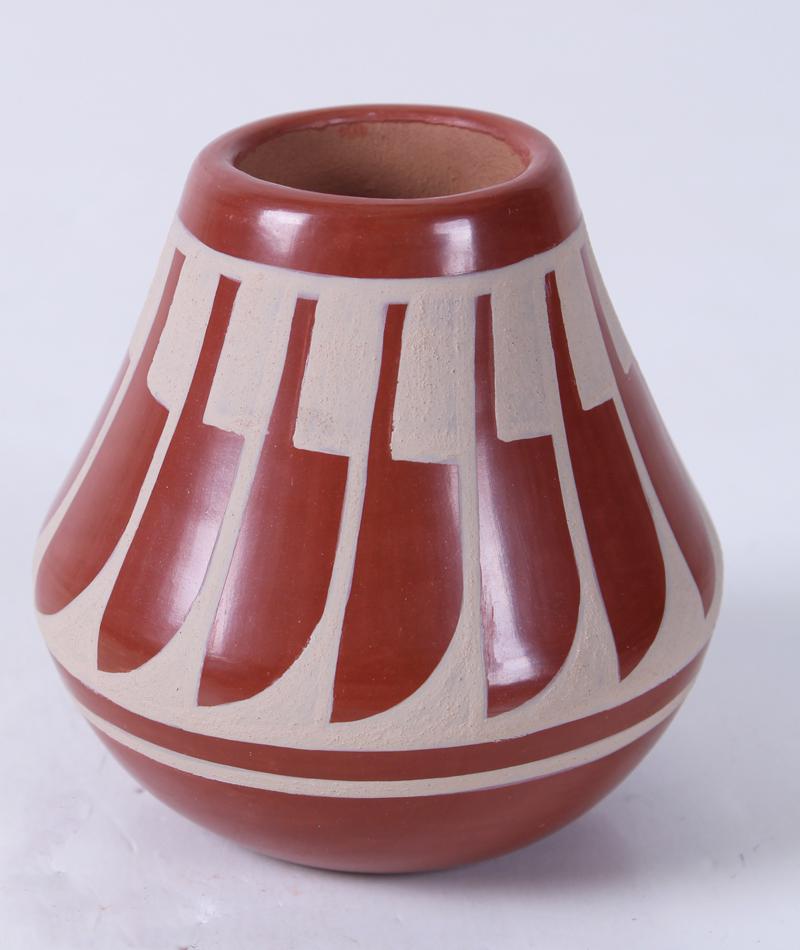 Albert & Josephina Vigil (1927-2009 & 1927-2001) San Ildefonso Pueblo: Feather Vase, painted and glazed terra cotta, signed underneath, 3 ½” tall, 3 ½” diameter.