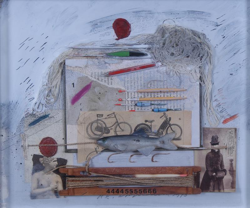 Artist Unidentified (20 th Century): UNTITLED, 1975, objects and paper collage with acrylic and spray paint on panel, signed and dated lower center, sight 11 ¾ x 14”, heavy frame 20 ½ x 22 ½” with glass.