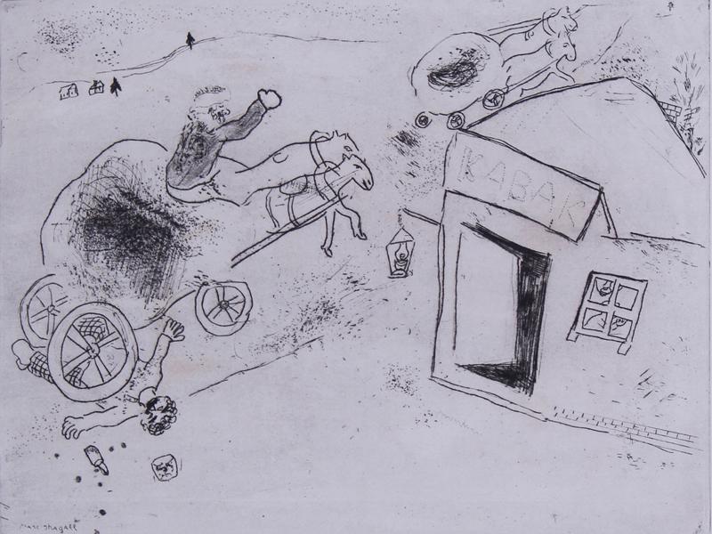 Marc Chagall (1887-1985) Russian French: MORT DE METS-LES PIEDS DANS LE PLAT (Sorlier 54) from Les Ames Mortes, 1923-27, etching, signed in the plate lower left, from a total edition of 368, image 8 x 10 ¾”, full margins, frame