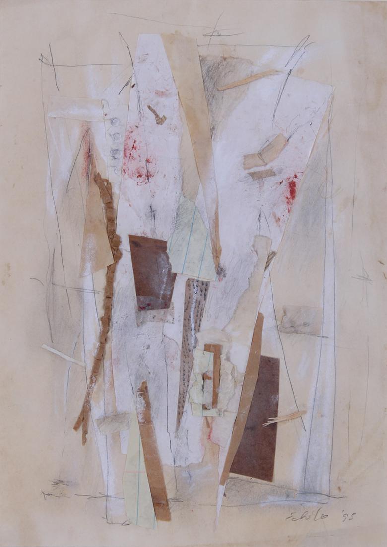 Contemporary Artist Unidentified (20 th Century): UNTITLED, 1995, paper collage with pencil and watercolor, signed and dated lower right, sight 10 ½ x 7 ½”, frame 19 x 16” with Plexiglas.