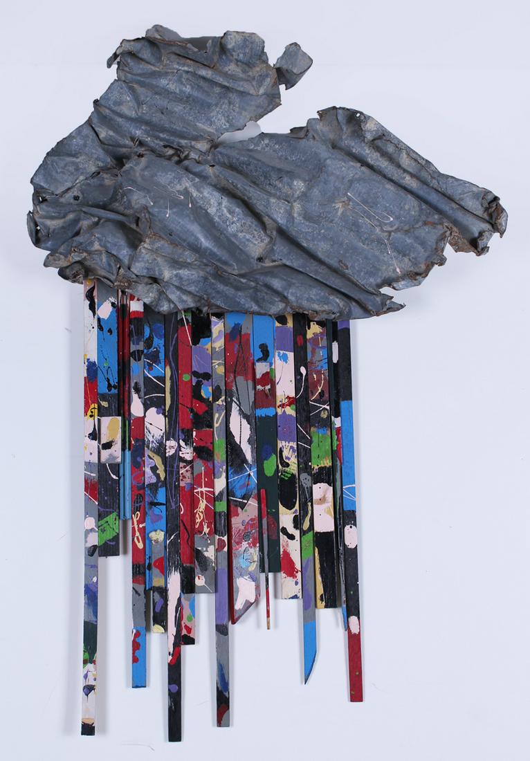 Jacqueline Dreager (20 th Century) California: BLIPS, manipulated metal and acrylic painted wood slats, signed and titled on verso, 42 x 28 x 6”.