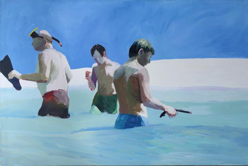 Ken Durkin (20 th /21 st Century) California: THREE MEN AT BEACH, 1986, oil painting on canvas, signed and dated on verso, 48 x 72”.