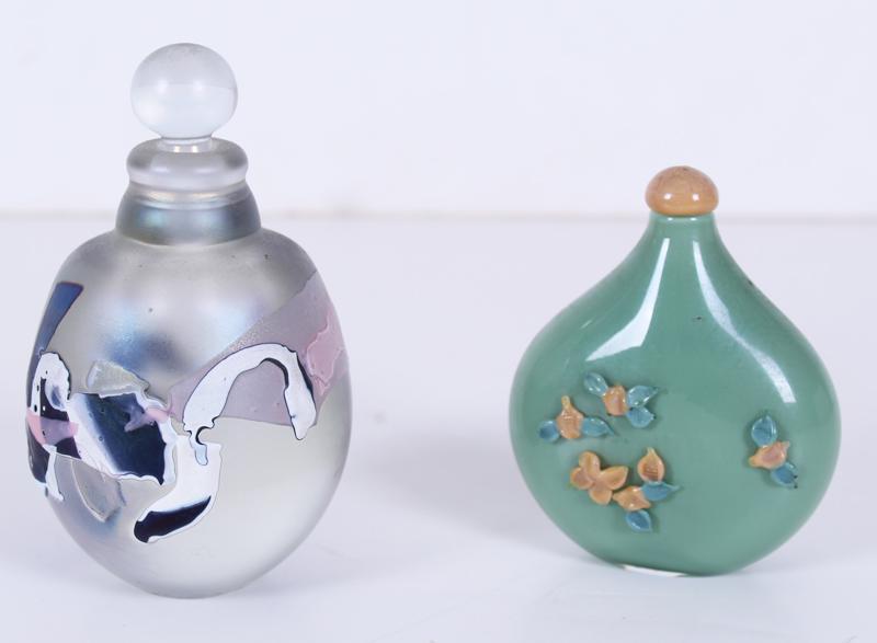Joel Philip Myers Ib. 1934) Illinois & Lisa Zerkowitz (20 th /21 st Century) California: Joel Philip Myers PERFUME, 1978, clear iridescent blown glass body with fused color overlay, signed and dated at base, 5” including stopper; Together with Lisa Zerkowitz PERFUME green opaque gla