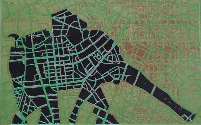 Ibrahim Miranda Ramos (b. 1969) Cuban: BEBE ELEPHANT EN BERLIN, 2011, color screenprint, signed, dated, titled and numbered 11/13 in pencil, publisherâ€™s blind stamp lower left, image 13 ¾ x 21 ¾”, full margins, f