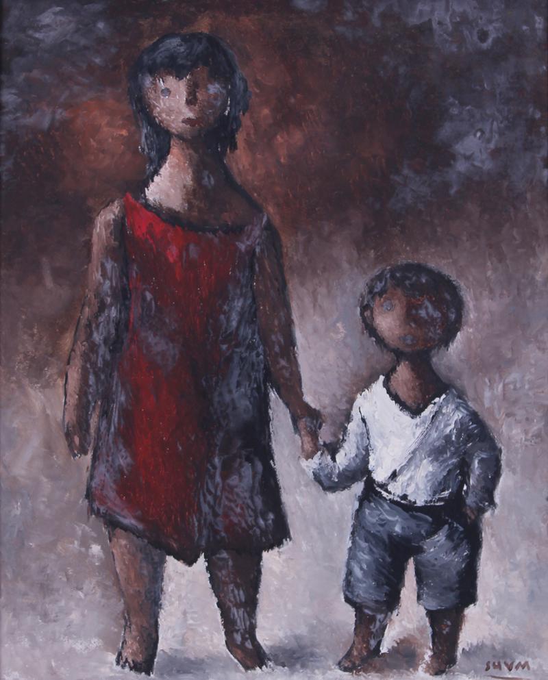 Alfonso Shum (1897-1967) Spanish: DOS NINOS, 1964, oil painting on Masonite signed lower right, 20 x 16”, frame 26 ¼ x 22”. Provenance: Galeria Merkup, Mexico.