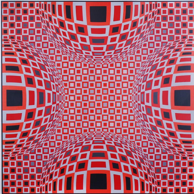 Victor Vasarely (1906-1997) Hungarian: FOUR GLOBES IN RED, color screenprint, signed and inscribed HC 1/25 in pencil, image 25 7/8 x 25 7/8”, full margins, frame 35 ½ x 35 ½” with glass.