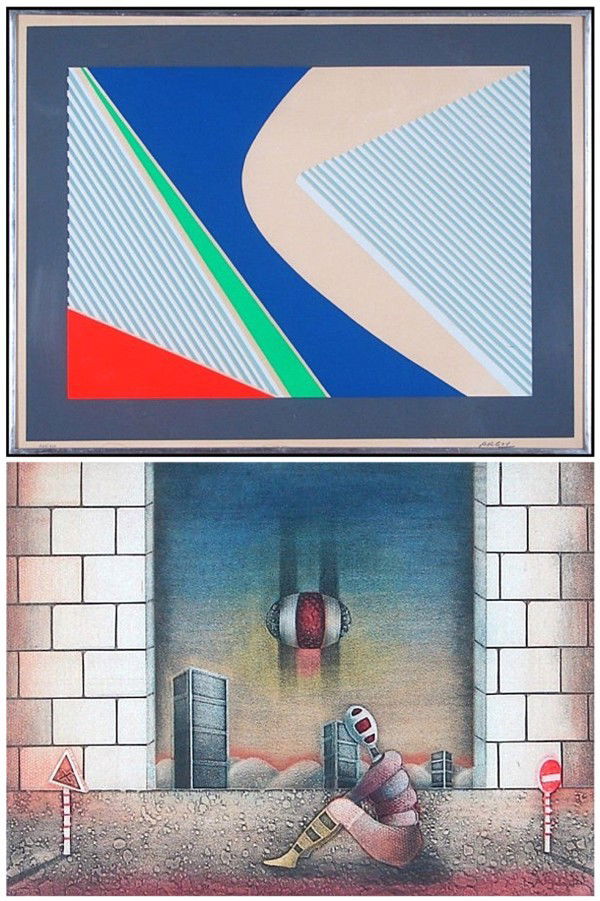 Michael Argov (1920-1982) & Moshe Malka (two): Michael Argov, UNTITLED GEOMETRIC, color screenprint, signed in pencil, from the numbered edition 260, image 19 ¼ x 25 ½", full margins, framed, toning, tiny tide line stain lower left margin, other