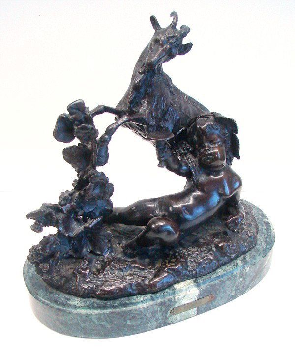 after Michel Claude Clodion (1738-1814) French: BACCHANAL SCENE, cast and patinated bronze sculpture, signature in design, 9 ½" tall, 10 ½" wide, mounted to 1 ¾" marble base.