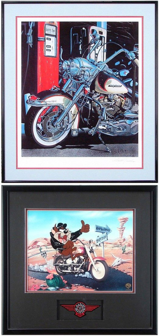 Scott Jacobs (20th Century) American & Warner Brot: PUMPING IRON, 1995, mixed media print, signed in pencil, from the numbered edition 1800, image 26 ½ x 23", full margins, published by Segal Fine Arts, with the official Harley Davidson stamp in the m