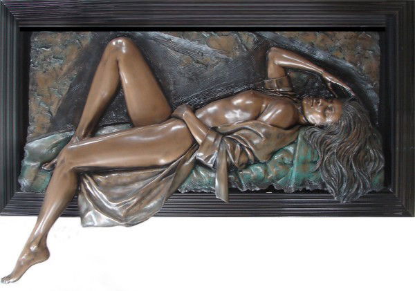 Bill Mack (b. 1949) American: RECLINING WOMAN, cast poly-bronze sculpture, signed upper right, from the numbered edition 75, 41 x 57 x 7 1/2", Erin Taylor Fine Arts label on back, framed.