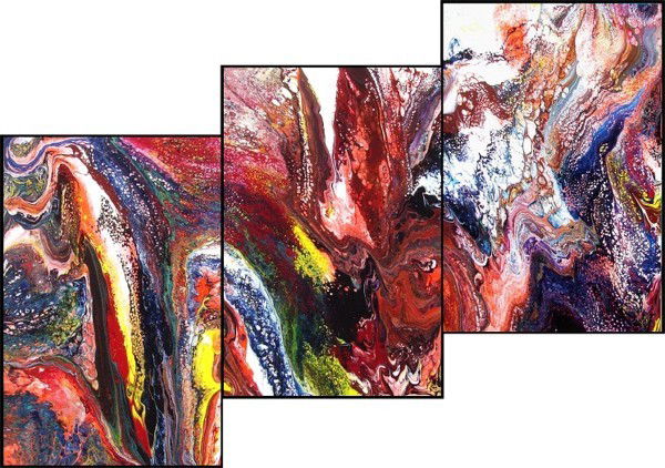 Richard Mann (20th Century) Californian: UNTITLED, staggered triptych, acrylic painting on three wood panels, signed lower center, each panel 36 x 23 ¾", overall 53 x 71 ½", general surface soiling on sides and verso, otherwise all in good