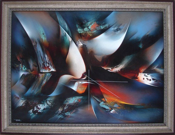 Leonardo Nierman (b. 1932) Mexican: TEMPEST, acrylic painting on Masonite, signed lower left, 36 x 48", framed. Provenance: Acquired directly from the artist by the present owner.